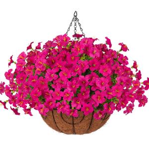 INSPRING Artificial Fake Hanging Flowers Plants Baskets for Outdoors, UV Resistant Outdoor Hanging Faux Silk Petunias in Planter Look Real Morning Glory for Outside Patio Porch Balcony Garden, Fuchsia