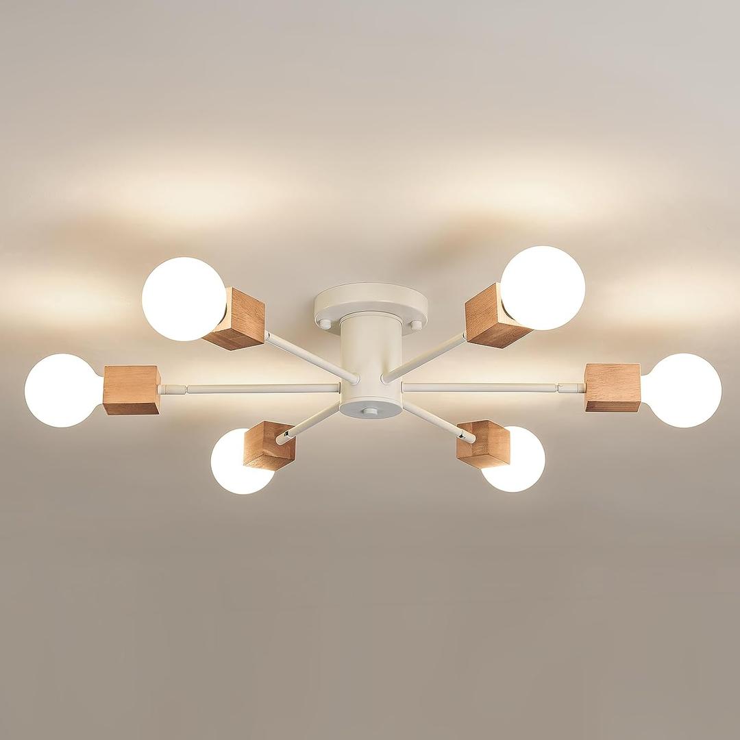 Boho 6-Light Sputnik Chandelier Semi Flush Mount Ceiling Light Fixture Farmhouse Wood and White Ceiling Lamp for Dining Room Living Room Bedroom Kitchen