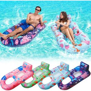 PuppyuWill 4 Pack Pool Floats Adult,Inflatable Pool Lounger Float Heavy Duty with Cup Holder, Backrest & Footrest Pool Lounge Float Extra Large Pool Rafts for Adults Beach Lake Party