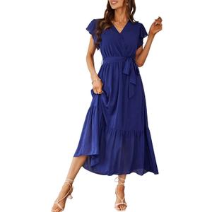 PRETTYGARDEN Women's Summer Floral Boho Maxi Dress Wrap Short Sleeve V Neck Ruffle A-Line Flowy Wedding Guest Long Dresses