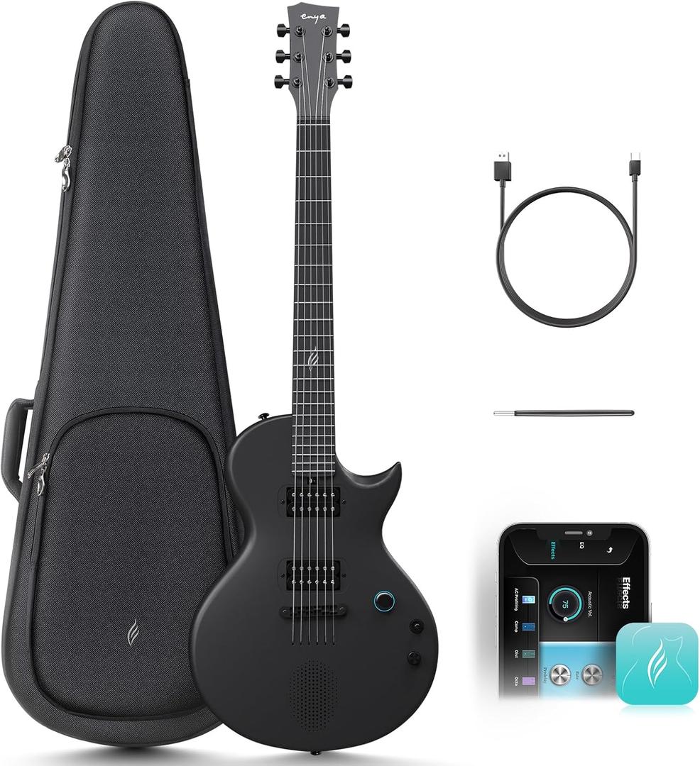 Enya Electric Guitar Nova Go Sonic Smart Electric Carbon Fiber Guitarra with 10W Wireless Speaker, Onboard Presets, All-in-One Portable Rig for Street Performers & Home Studios, Black