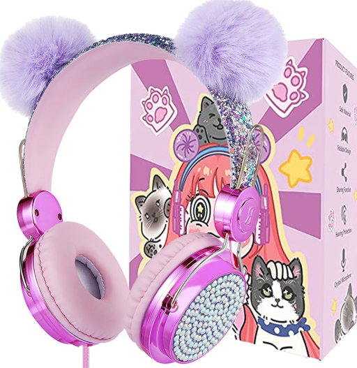charlxee Kids Pom Headphones with Mic for Travel/Car/Plane,Added 85DB Limit Function&Shareport,Unicorns Gifts for Girls,On/Over Ear HD Stereo Wired Headsets with Nylon CableHotPurple