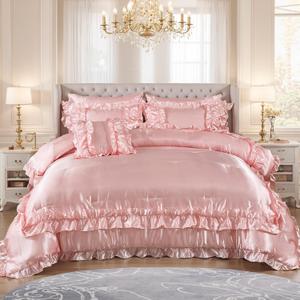 MOVE OVER Satin Comforter King Size 8 Pieces Pink Silky Satin Comforter Set with Sheet Set Luxurious Pink Ruffled Bedding Comforter Set Super Silky Soft Silk Like Satin Bed Set for All Season