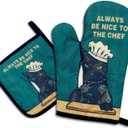 Always be Nice to The Chef, Funny Oven Mitts and Pot Holders, Silicone Non-Slip Oven Mitts, Cat Lover Gift, Cat Mom, Cooking Baking BBQ Gifts