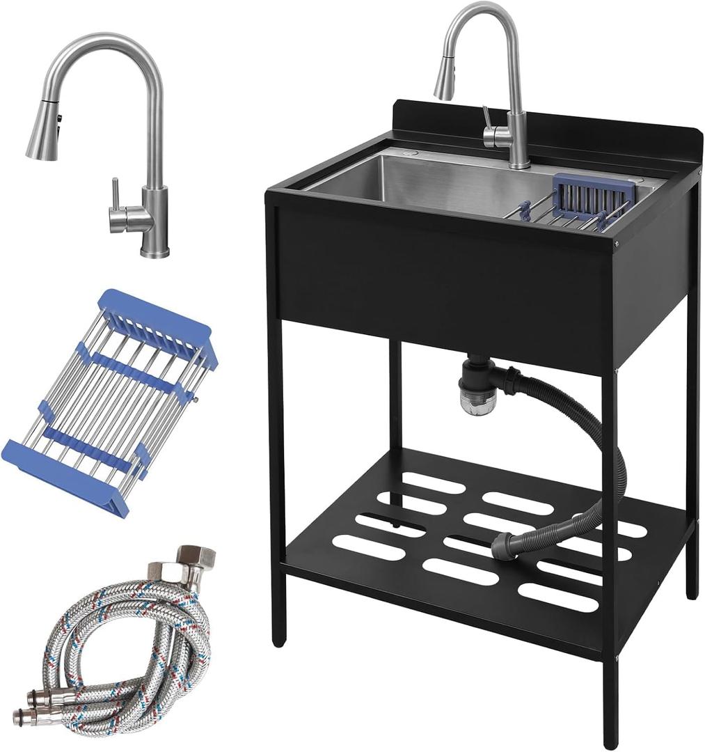 Portable Freestanding Stainless Steel Laundry Utility Sink with Cold and Hot Water with Cabinet Faucet Outdoor Kitchen Black Utility Sink