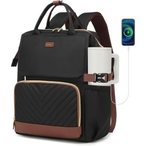 Work Backpack for Women, Teacher Nurse Bookbag Laptop Backpack with Cup Holder & USB Charger for Travel, College School Bags for Teen Girl, Black Brown