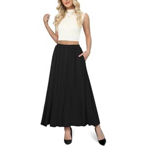 Yincro Womens Maxi Skirt Casual Flowy Elastic High Waist Long Skirts with Pockets (Small, Black)