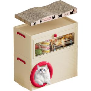 3 in 1 Plastic Cat House with Scratching Board, Foldable Feral Cat Shelter with Pet Supply Storage Bin, Waterproof Weatherproof for Outdoor Indoor Use