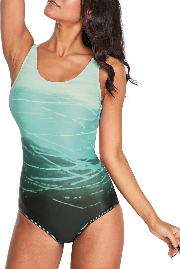 Athletic One Piece Swimsuit Women Modest Criss Cross Back Bathing Suit Quick Dry Full Coverage Swim Suit (6-8, 1 Green Gradient)