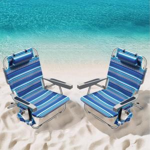 5-Position Aluminum Lay Flat Tall Backpack Beach Chairs 2 Pack, Compact Portable Beach Chairs for Adults with Cooler Pouch, Storage Pouch, Towel Bar, Cup Holder & Phone Holder, Blue Stripe (Blue Stripe 2 Pack)