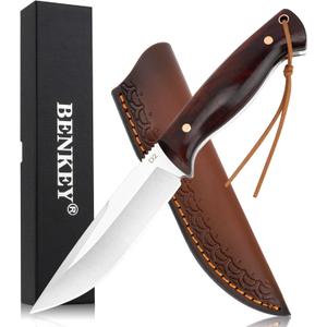 Benkey Fixed Blade Hunting Knife Full Tang with Leather Sheath, Solid & Sharp D2 Blade Outdoor Survival Hunting Knife, Comfortable Natural Wood Handle Camping Knife for Men and Women