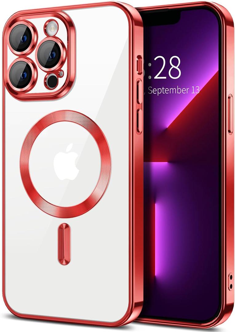 Hython Magnetic Clear for iPhone 13 Pro Case with Camera Lens Protector [Compatible with MagSafe] Luxury Plating Edge Slim Soft TPU Cover Protective Phone Case for iPhone 13 Pro 6.1", Red