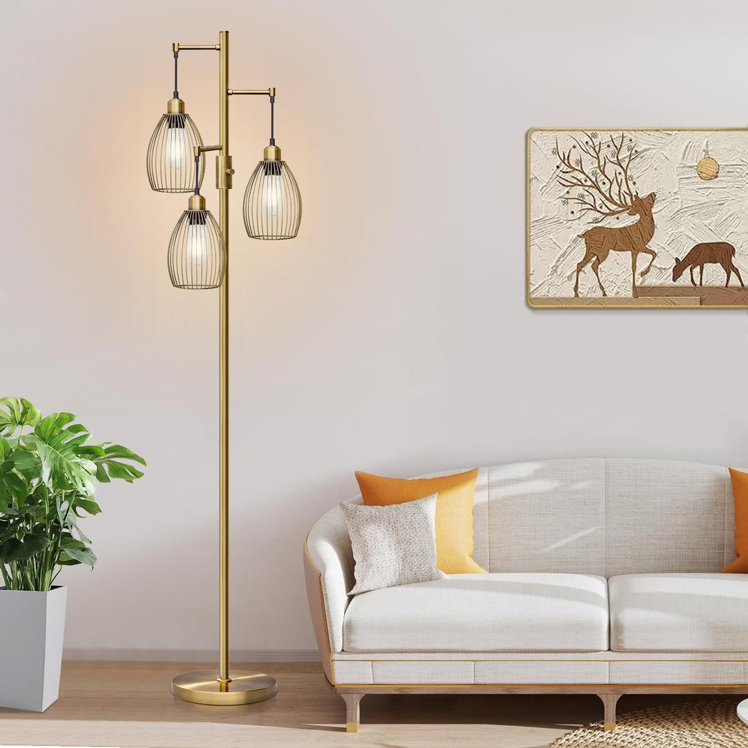 Dimmable Floor Lamp, 3 x 800LM LED Edison Bulbs Included, Farmhouse Industrial Floor Lamp Standing Tree Lamp with Elegant Teardrop Cage Tall Lamps for Living Room Bedroom Office Dining Room-Brass