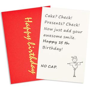 4 x Funny Birthday Cards for Him Her,15th Cute Minimalist Greeting Cards with Red Envelopes Pack,for children, Nephew Niece, Teenagers