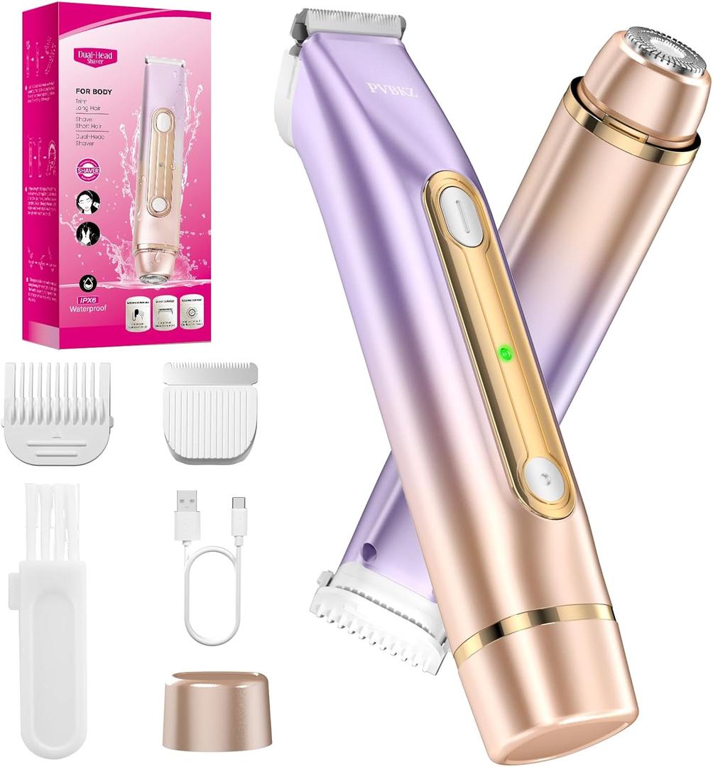 Bikini Trimmer for Women, 2-in-1 Painless Electric Razor for Body and Pubic Hair, IPX7 Waterproof Shaver with Dual Heads - Rechargeable Lady Trimmer for Bikini, Underarm, and Leg (Rose)