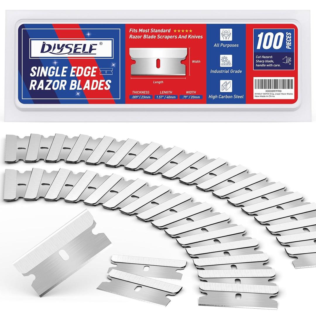 DIYSELF Single Edge Razor Blades, 100 Blades, Razor Blades Refiils for Razor Scraper, Utility Knife, Heavy Duty One Edge Blades, High Carbon Steel Blade for Removing Decals, Stickers