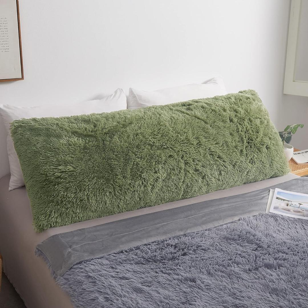 MEGO Fluffy Body Pillow Cover, 20x54 Shaggy Faux Fur Body Pillow Case, Green Comfy Plush Fuzzy Body Pillowcase, Furry Long Throw Bed Pillow Cover with Zipper for Adults Women Side Sleeper Sage Green