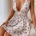 Floerns Women's Cut Out Backless Sleeveless Shirred Floral A Line Short Dress (White, Small)