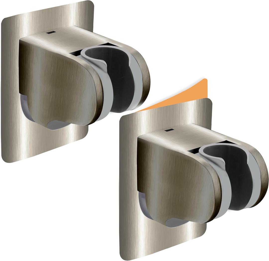 HO2ME 2 Pack No Drilling On Wall Mounted Shower Bracket for Handheld Shower Head, Strong Adhesive and Waterproof Shower Head Holder, Adjustable to Meet Any Space Bathroom, Brushed Nickel