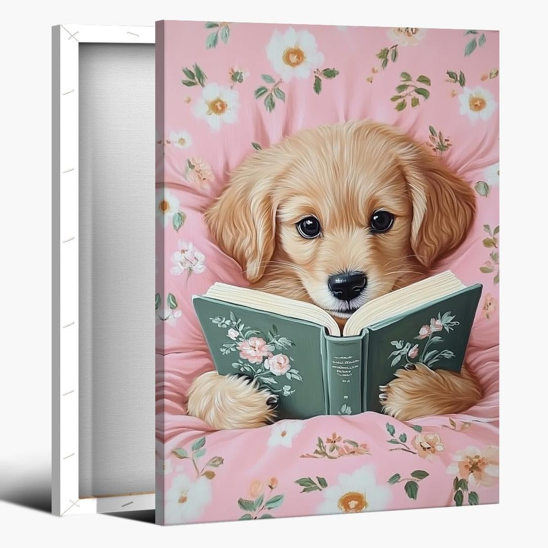 Funny Animal Canvas Wall Art Cute Dog Reading Books In Bed Posters Vintage Trendy Pink Preppy Print Painting Picture Pet Lovers Wall Decor for Girls Bedroom Living Room Bathroom 12x18inch Framed