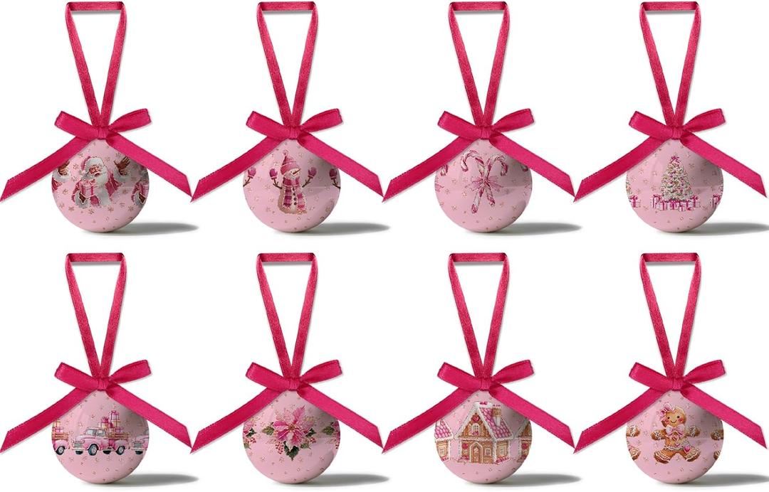 Pink Christmas Decor - Pink Christmas Tree Decorations Snowman Santa Candy Hanging Ornaments Balls, Cute Decorations Ball 1.18 Inch for Xmas Tree Party Home HolidayXmas Gifts Set of 16Pcs