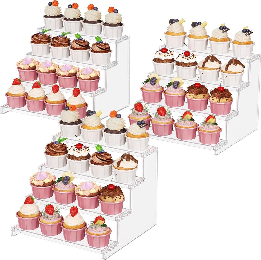 Lifewit 4 Tier Clear Display Stand Risers, 12 Inch Display Shelf for Cupcake, Perfumes, Desserts, Figurines, Organizer and Decor for Bedroom, Bathroom, Party, 3 Packs