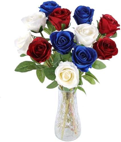 Hananona Artificial Roses Flowers for 4th of July Decorations, 12 Pcs Silk Rose Bouquet for Patriotic Flower Decor, Faux Roses for Independence Day Parties Cemetery Flowers (12, Red, White, Blue)