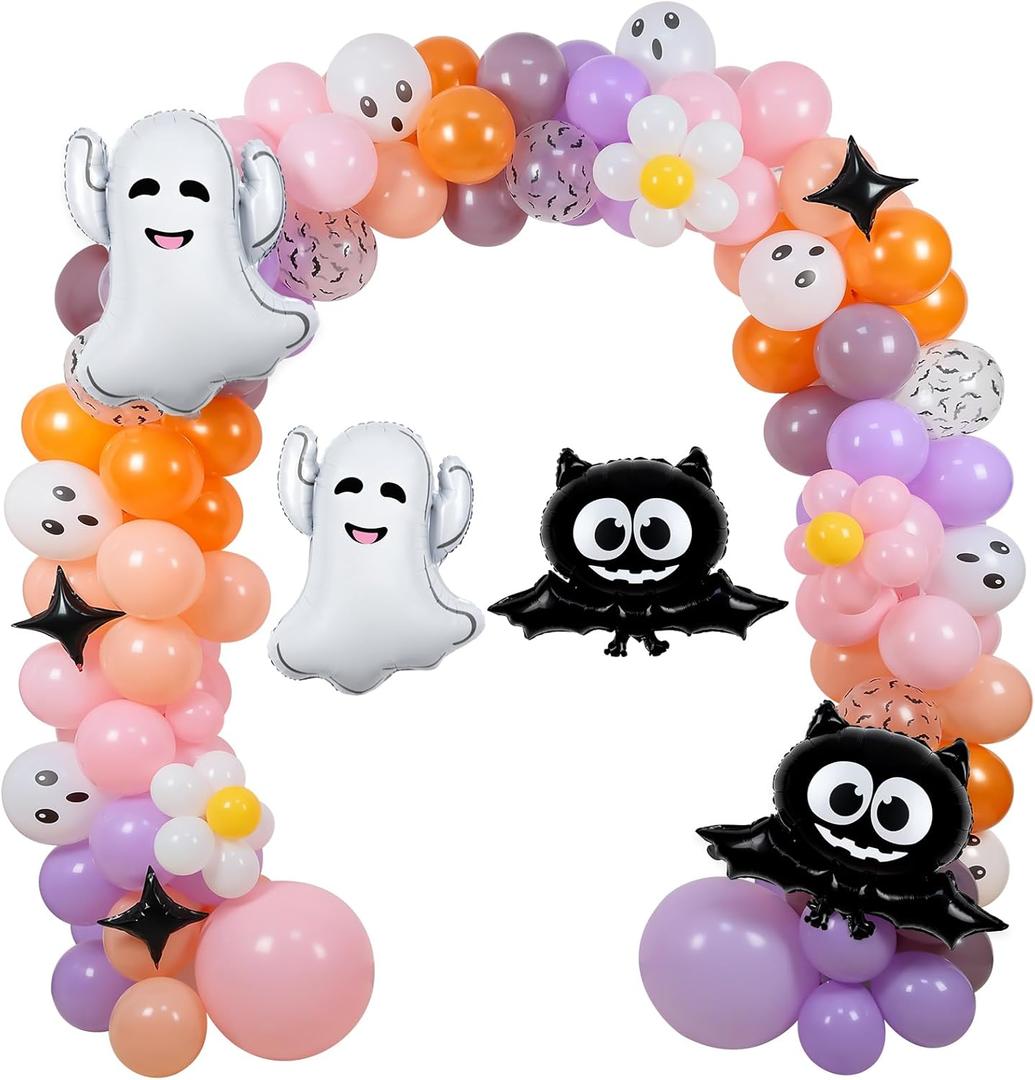 Halloween Balloon Arch Kit Pink, 18" 10" Balloons with Ghost Bat Foil Balloons for Halloween Baby Shower Decorations Happy Boo Day Party Supplies Outdoor Indoor Decors