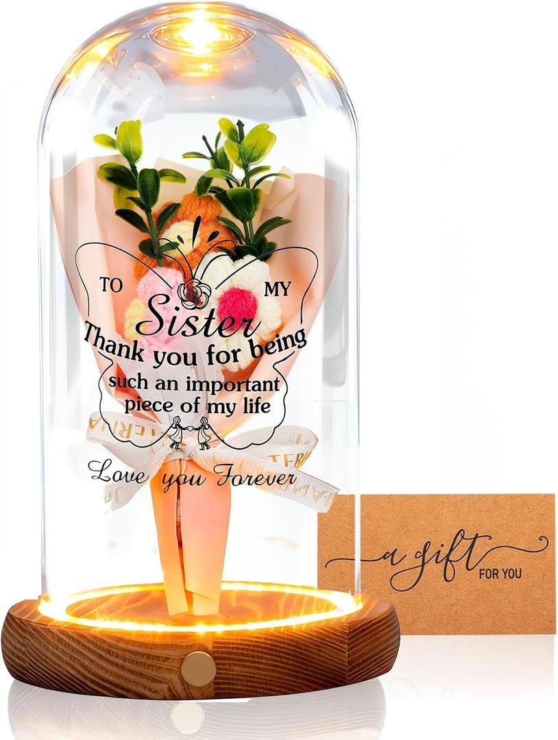 Sister Gifts-Bell Jar Night Lights with Warm Lights for Sisters,Unique Gifts for Sister Gift Ideas for Birthday Christmas Valentines Day Mothers Day,Fake Flower Glass Cloche Bell Jar with Wooden Base