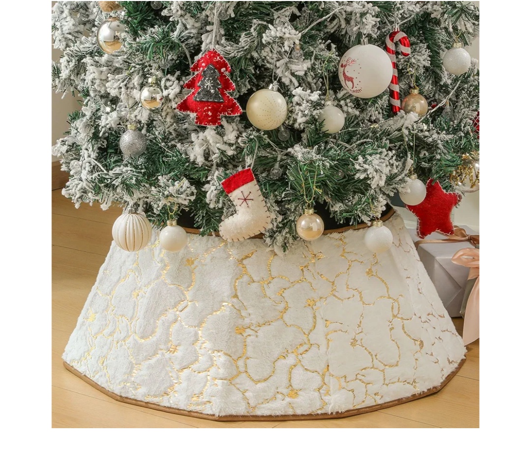 New Traditions White Velvet Christmas Tree Collar with Gold Glitter Quatrefoil Print – 26" Diameter Fabric Stand Band for Artificial & Natural Trees – Tree Skirt Alternative, Collapsible