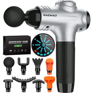 RAEMAO Massage Gun, Handheld Electric Deep Tissue Muscle Massager for Athletes for Pain Relief Attaching 8 Replacement Heads, Percussion Massager with 10 Speeds, Father's Day Gifts, Silver