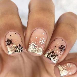 Christmas Press on Nails Short Square Fake Nails with Gold Glitter Design Glossy Black White Snowflake Acrylic Nails Sparkles Gradient Winter Xmas Full Cover Glue on Nails for Women 24Pcs