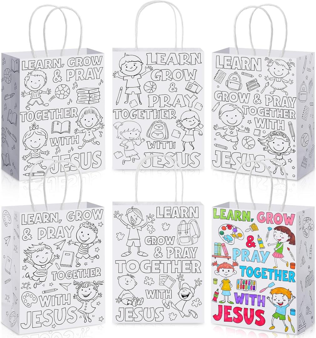 Yaomiao 24 Pcs Christian Coloring Bag Learn Grow Pray Together with Jesus Bag Color Your Own VBS Craft Religious Bible Verse DIY Paper Goodie Gift Catholic Kraft Reusable Tote Bulk for Sunday School