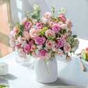 LESING Artificial Silk Rose with Vase Fake Flowers Wedding Flowers Bouquets Arrangement Home Office Party Centerpiece Table Decoration (Pink)