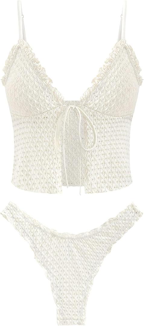 seamoly Womens Tankini Set Tie Front Bikini Swimsuit High Cut Spaghetti Strap Ruffle Two Piece Bathing Suit Beige M