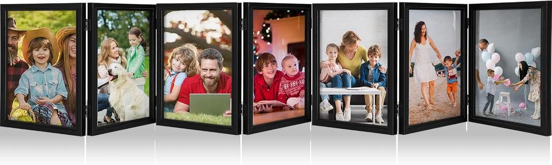 Sintuff 7 Pictures 5 x 7 Frame Folding Hinged Picture Frames Foldable Photo Frames High Definition Natural Wood Collage Picture Rustic Desktop Acrylic Frame for Family Wall Decor Black