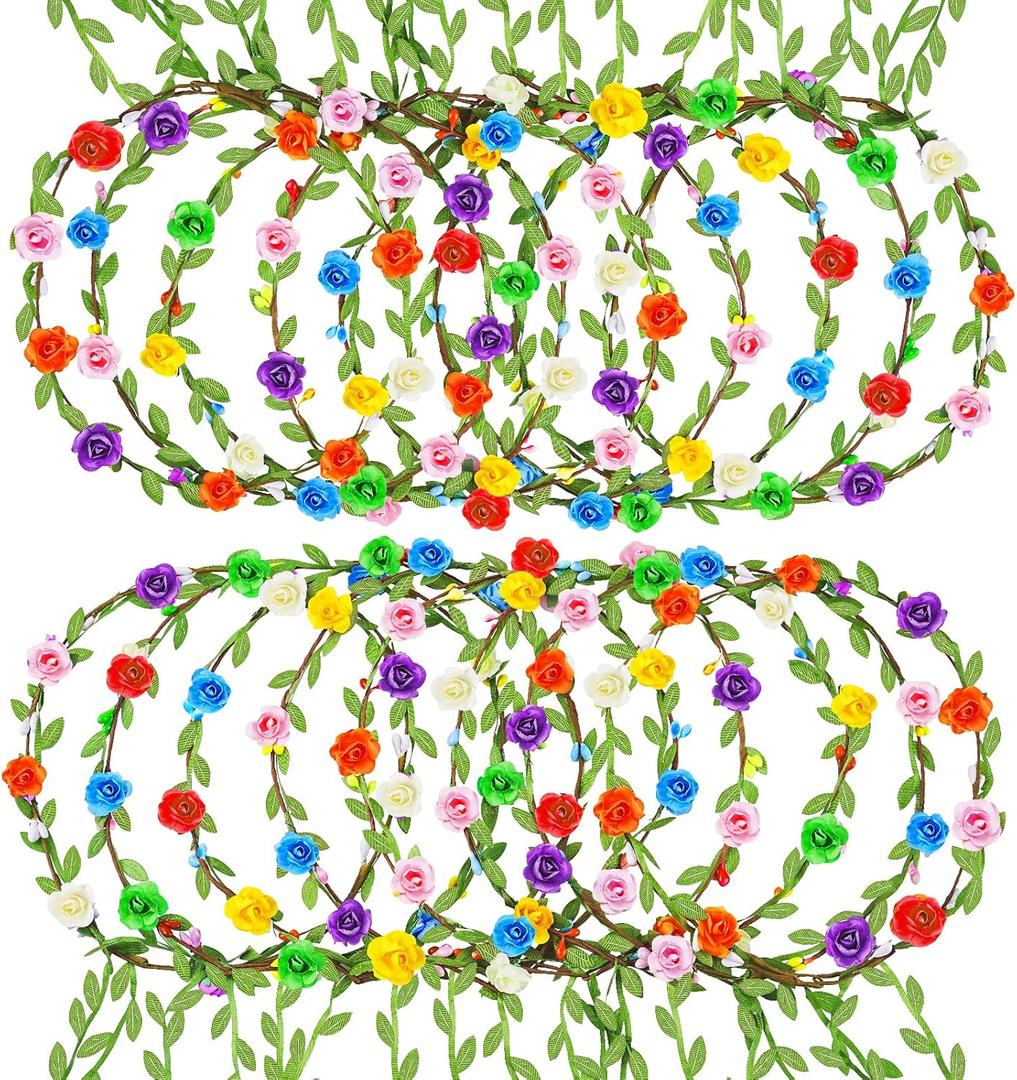 Assorted Colored Flower Crown, Wreath Headband Floral Headpiece Party Festivals, Garland Multicolor Headbands (16 PCS)