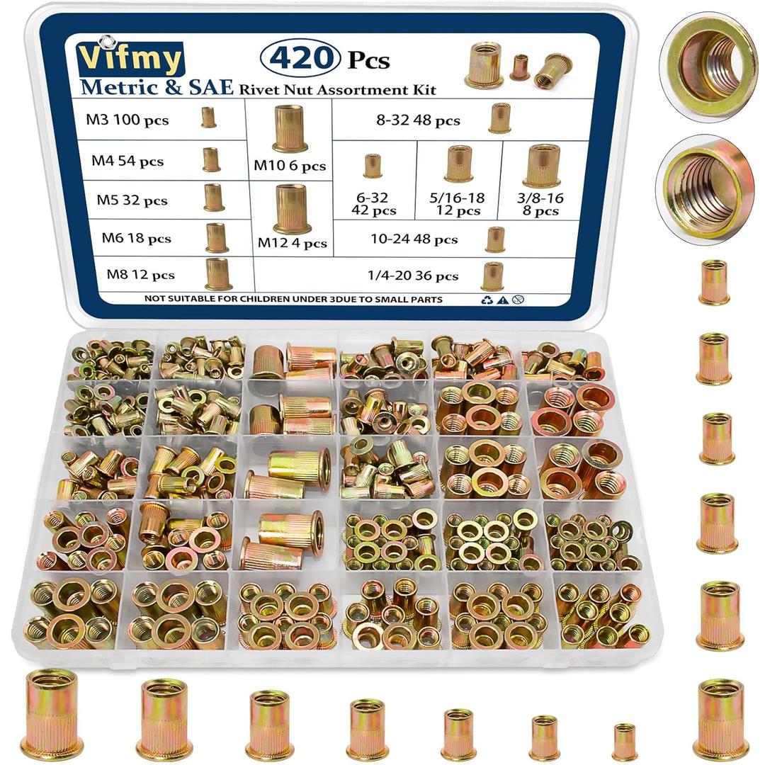 Metric & SAE Rivet Nut Assortment Kit(420 Pcs),m3 m4 m5 m6 m8 m10 m12#6-32#8-32#10-24 1/4"-20 5/16"-18 3/8"-16 UNC Flat Head Rivnut Set,Zinc Plated Finish Carbon Steel Nutsert