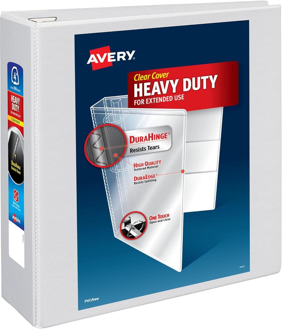 Avery Heavy-Duty View 3 Ring Binder, 4 Inch One Touch EZD Rings, 780-Sheet Capacity, 4.5 Inch Wide Spine, Customizable Clear Cover and Spine, 1 White Binder (79104)