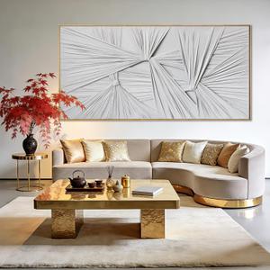 Large White Framed Abstract Canvas Wall Art, 3D Textured Sculptural Minimalist Artwork, Extra Wide Neutral Wall Decor for Living Room, Over Sectional Sofa, 29x58 Inch