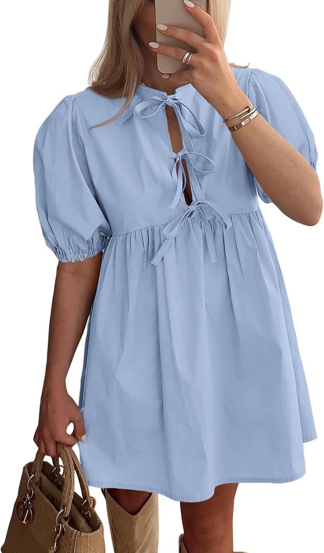 PRETTYGARDEN Womens 2025 Summer Casual Short Sleeve Dresses A Line Bow Tie Front Babydoll Loose Cute Mini Dress with Pockets (Light Blue)