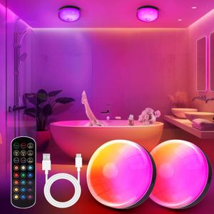 2-Pack Waterproof Shower Lights for Inside Shower, 15 RGBW Color Rechargeable Mood Lighting with Remote(DimmableTimer), LED Wireless Ceiling Light for Bathroom, Closet, Hallway, Stairs, Party Decor (Black)