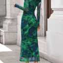 ZESICA Women's Long Sleeve Floral Maxi Dress 2026 Fall Off Shoulder Bodycon Ruched Mesh Cocktail Wedding Guest Dresses (L)