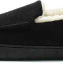 NewDenBer Men's Moccasin Slippers Warm Memory Foam Suede Soft Plush Lined Slip on Indoor Outdoor House Shoes (Black)