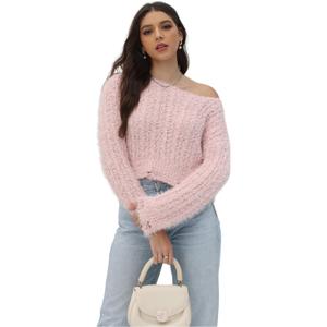 2025 Fall Cropped Sweater for Women Off The Shoulder Pullover Fluffy Knit Fashion Crop Top Holes Design (Pink, L)