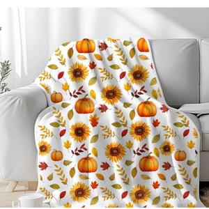 Fall Throw Blanket, Pumpkin Flannel Throw Blanket Fall Thanksgiving Autumn Pumpkins Soft Warm Autumn Leaves Flannel Blankets for Living Room Couch Bed Chair Dorm, 50"x60", Yellow