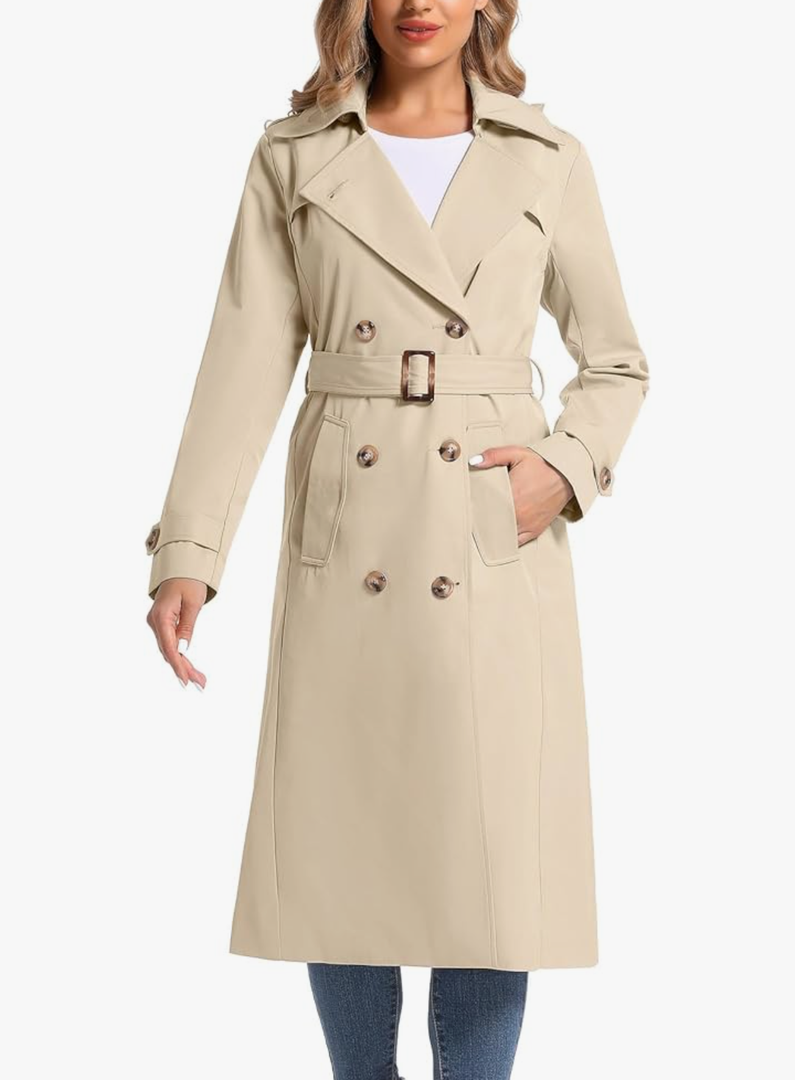 Women's Waterproof Long Trench Coat Double Breasted Length Classic Lapel Belt Coat, M