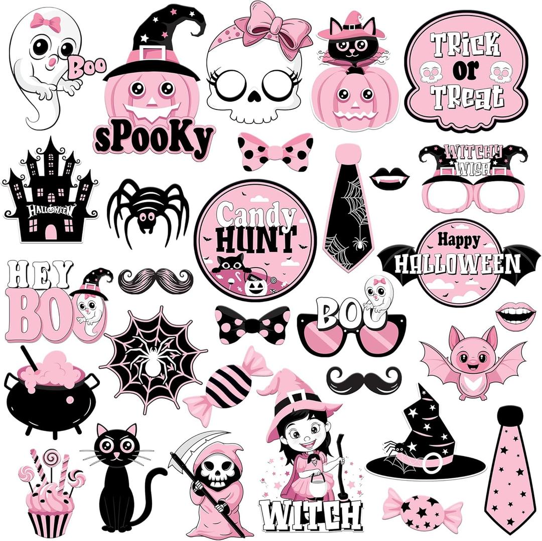 KatchOn Pink Halloween Photo Booth Props - Pack of 30 | Cute Kids Props, Pink Decorations | Picture Props for Party