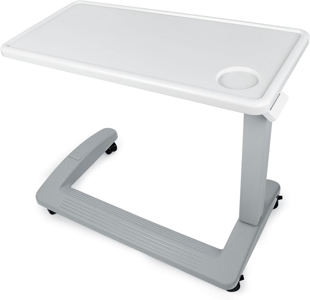 Vaunn Medical Pneumatic Adjustable Overbed Exam Bedside Table with Wheels (Hospital and Home Use), New Tabletop, Light Gray