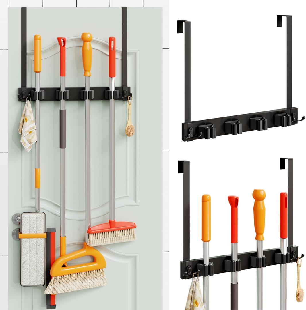 Over the Door Broom and Mop Rack - Wood Holder With 2 Hooks for Garage, Laundry Room - Drilling-Free Hanger and Storage Tool, Black